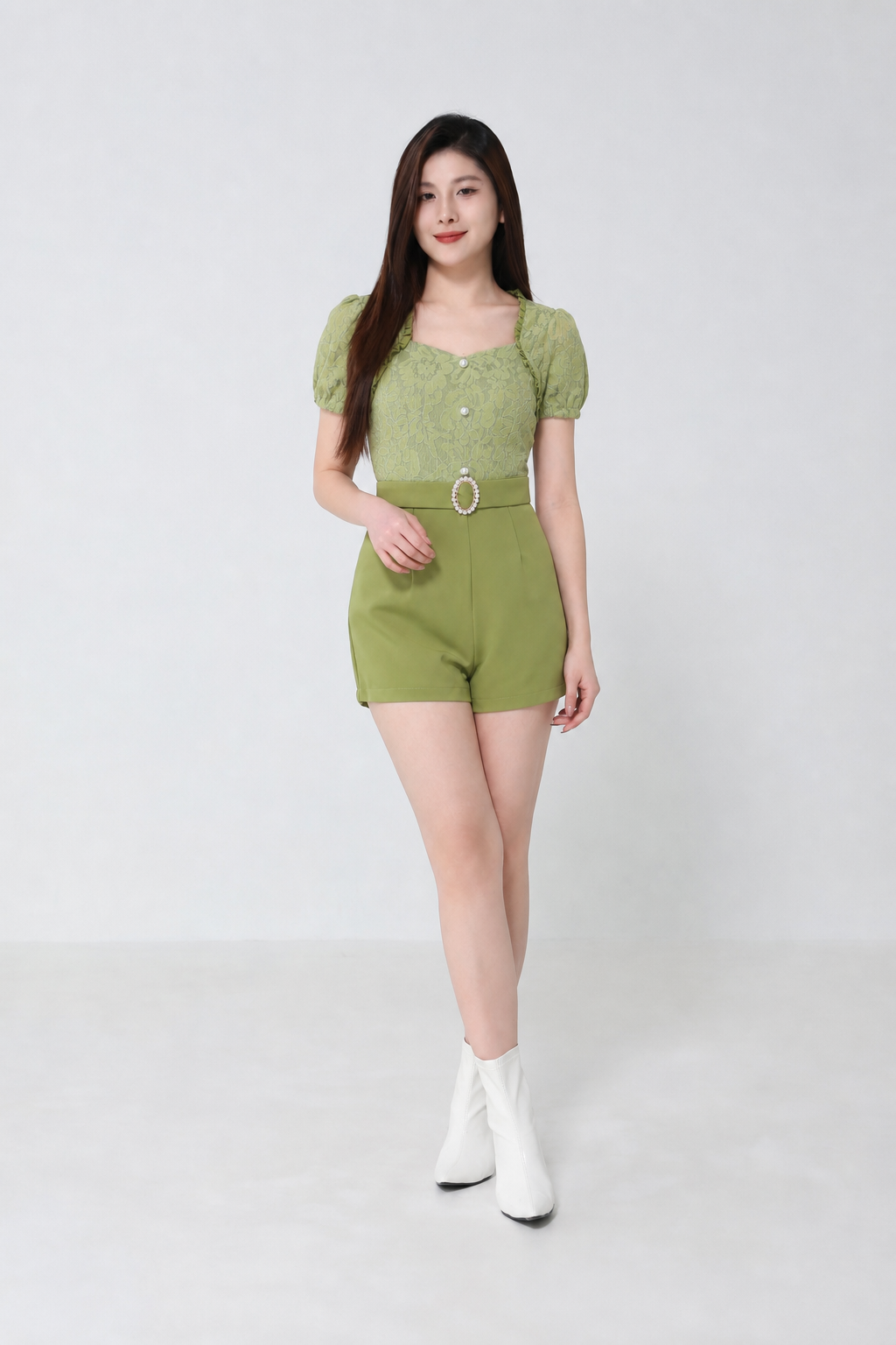 Fake Two Piece Lace With Decorative Button Jumpsuit 