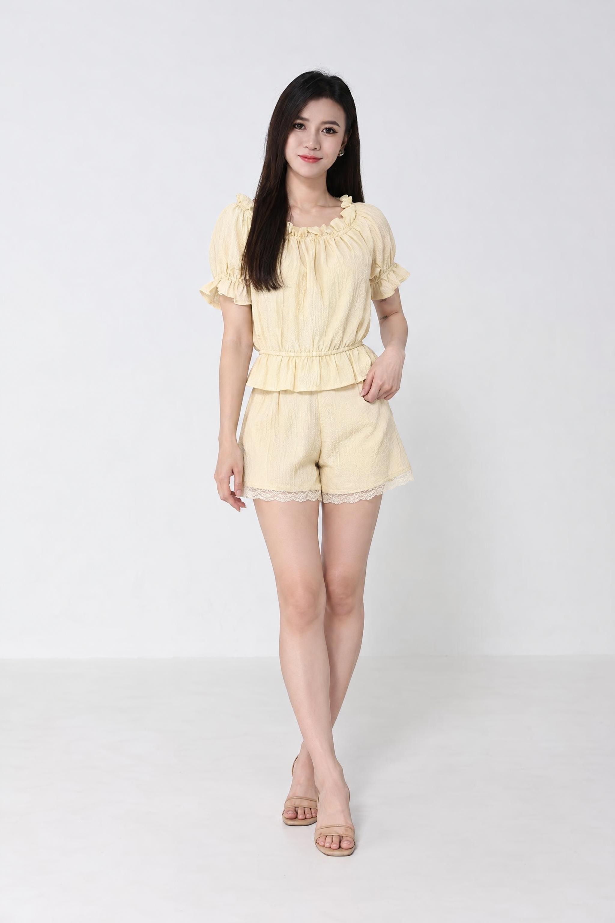 Pleated Off Shoulder Top With Back Zip Short Pants 
