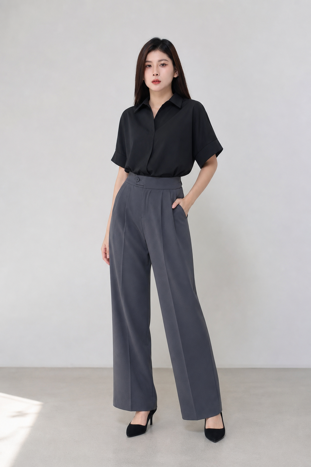 High Waist Front Button Pleated Long Pant 34731