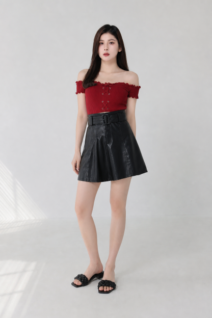 Knitted Off Shoulder Tie Up Top 19692