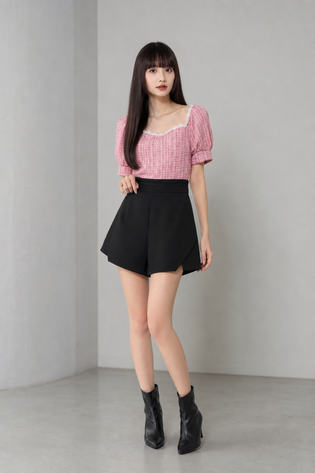 Two Tones Puff Sleeve Pleat Jumpsuit 18257