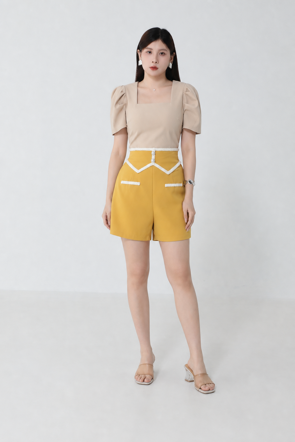 Two Tone Square Neck With Fake Pocket Jumpsuit 