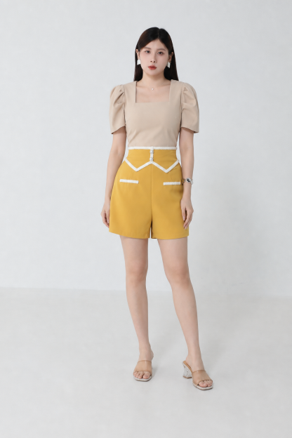 Two Tone Square Neck With Fake Pocket Jumpsuit 
