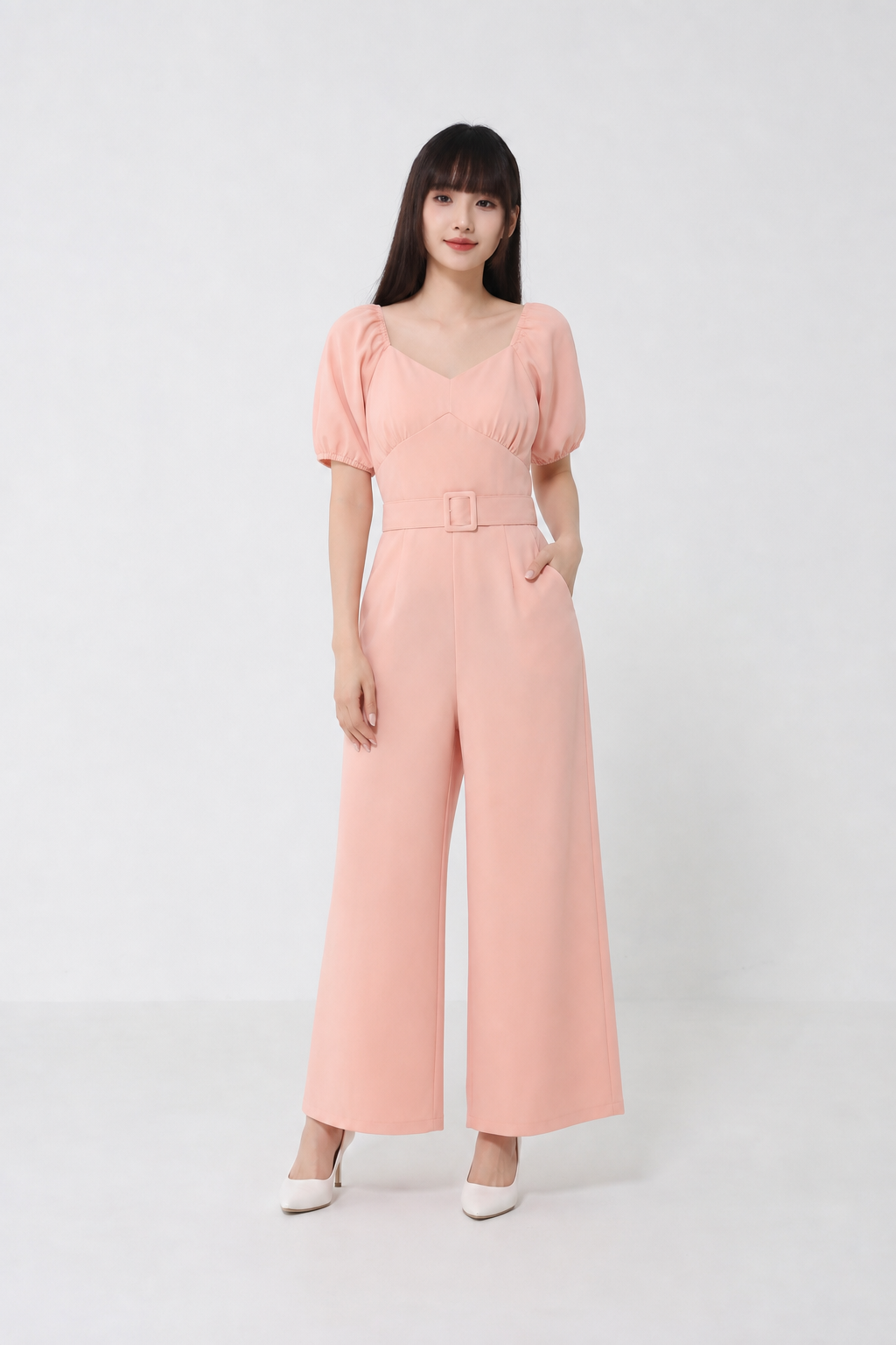 Sweetheart Neckline Side Pocket With Belt Jumpsuit 