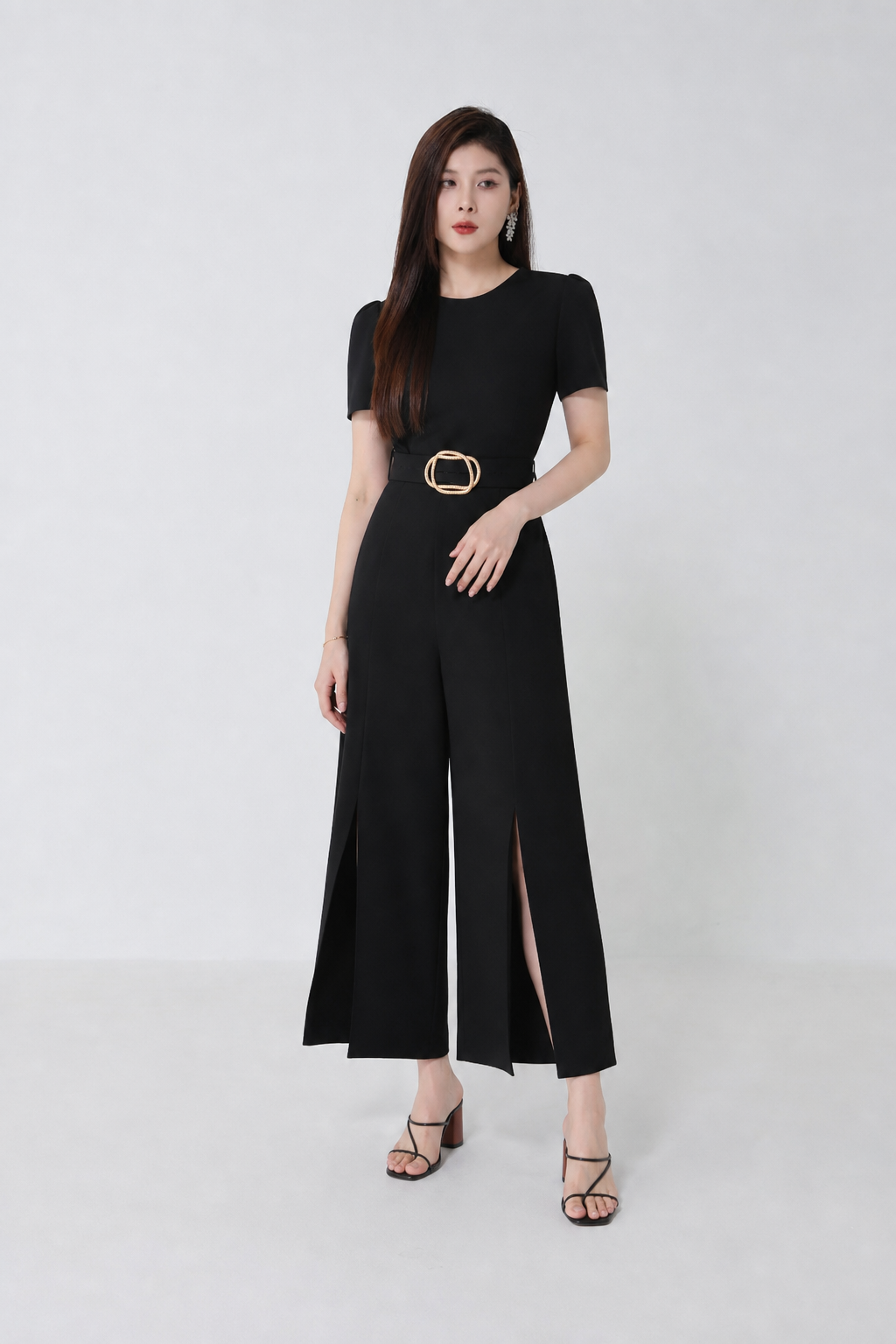Round Neck Split Jumpsuit With Belt
