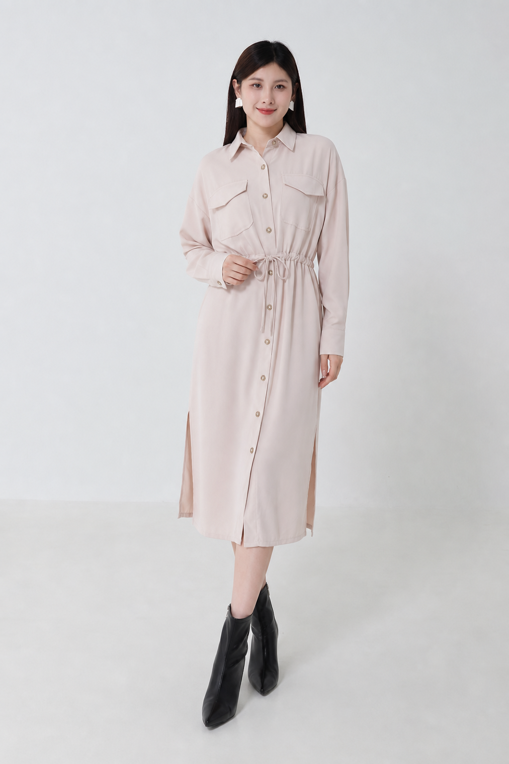 Front Button Collar With Waist Drawstring Dress 