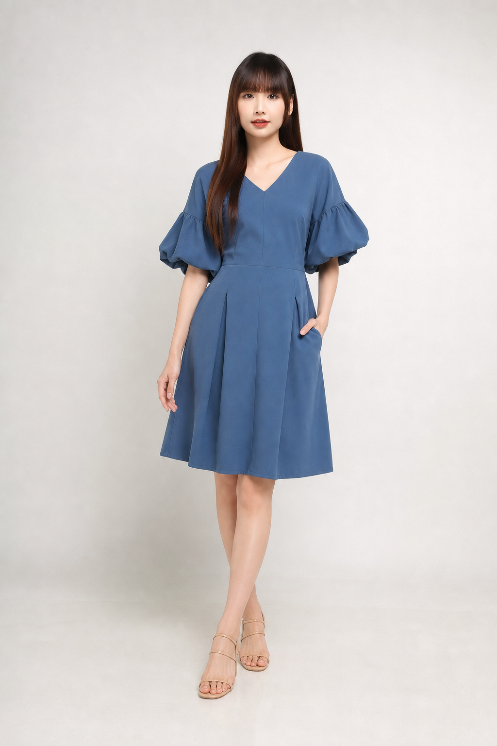 V Neck Puff Sleeve Dress 15811