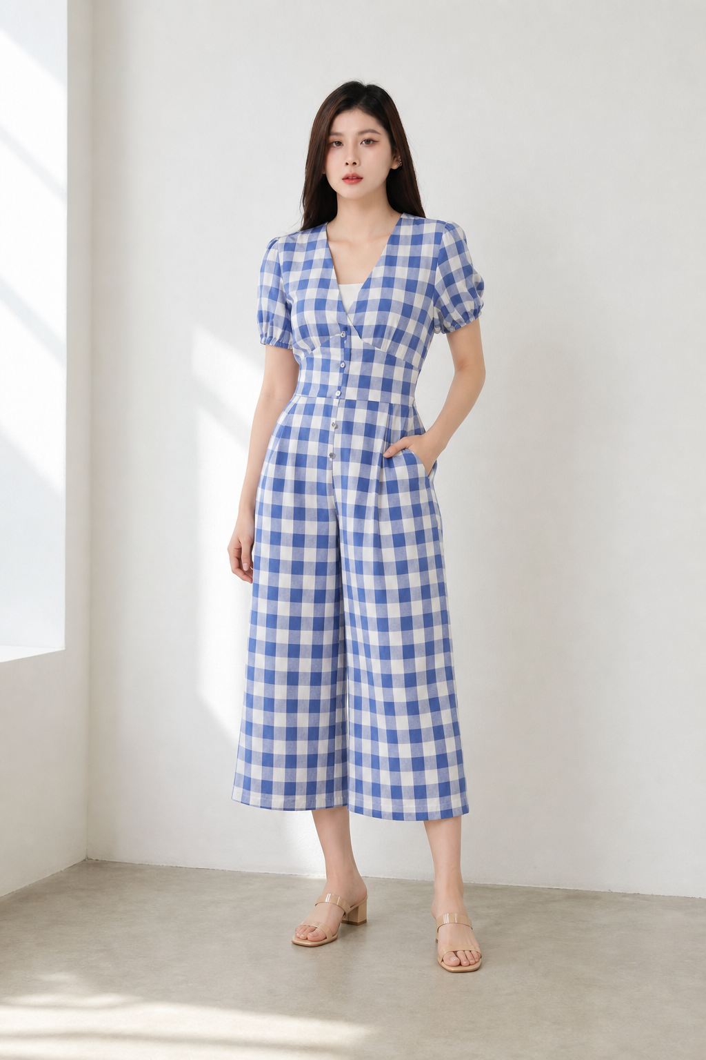 Deep V Checker Jumpsuit 18607