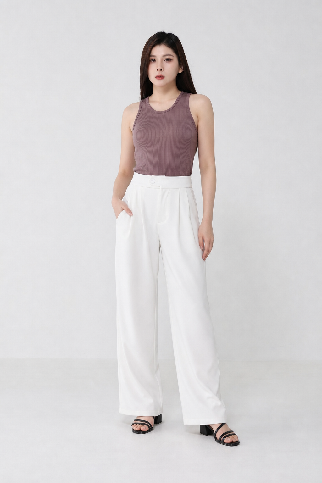 High Waist Front Button Pleated Long Pant 34731
