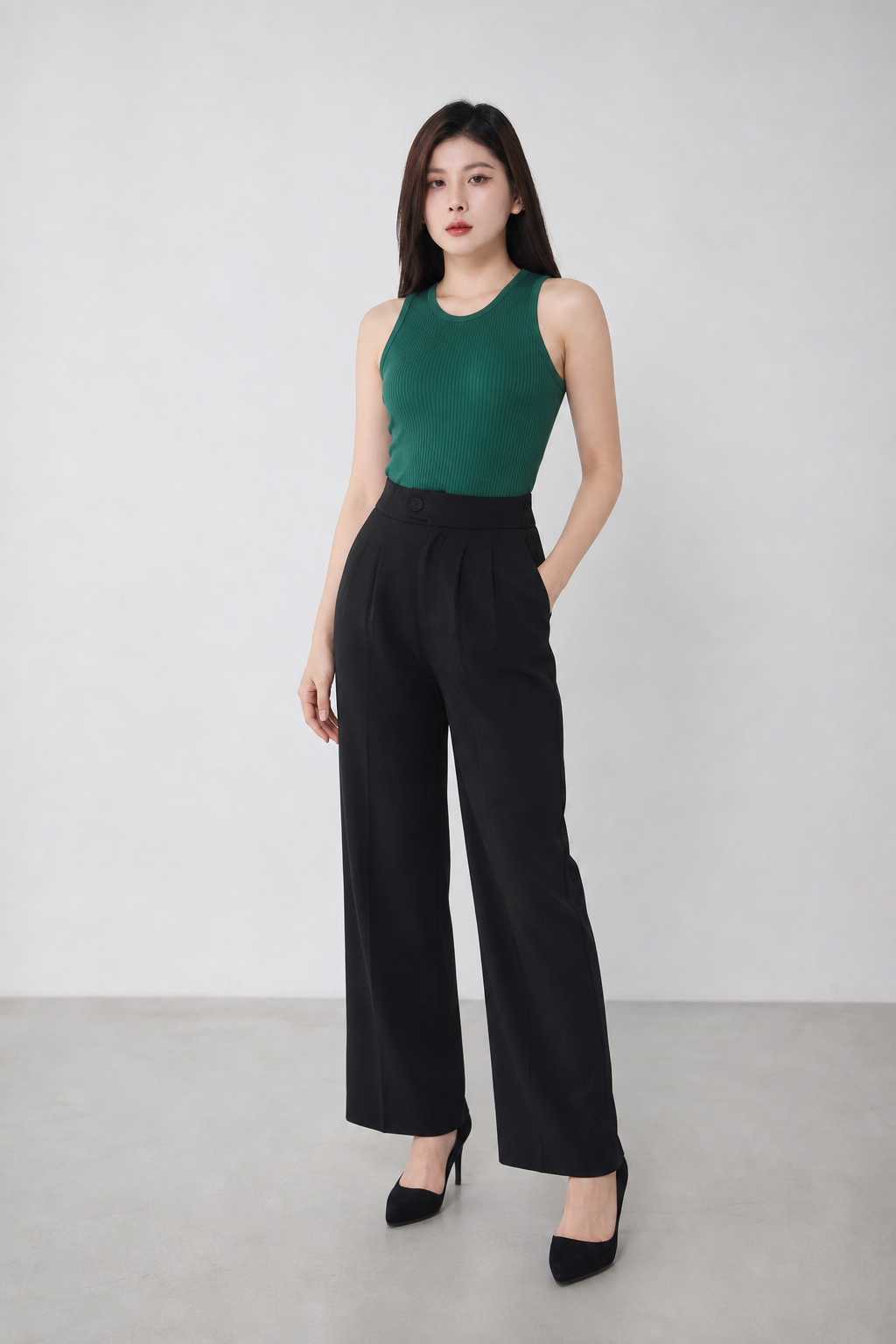 High Waist Front Button Pleated Long Pant 34731