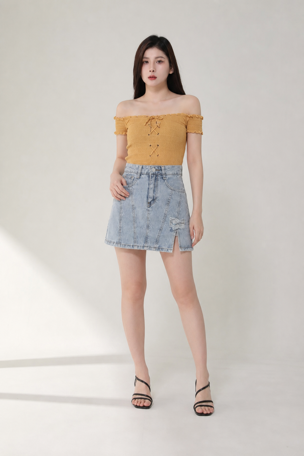 Knitted Off Shoulder Tie Up Top 19692