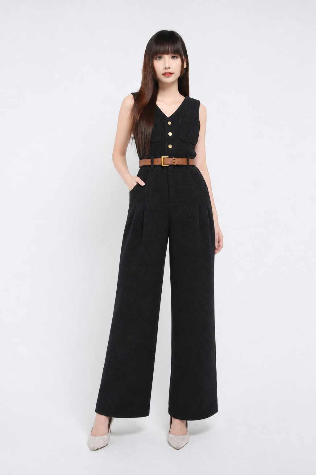 Sleeveless Front Button Jumpsuit With Belt 39664