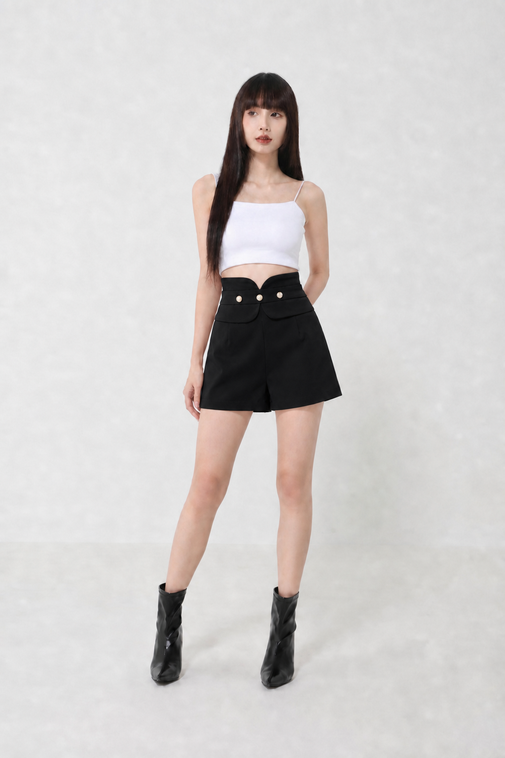 High Waist Decorative With Pearl Button Short Pants 