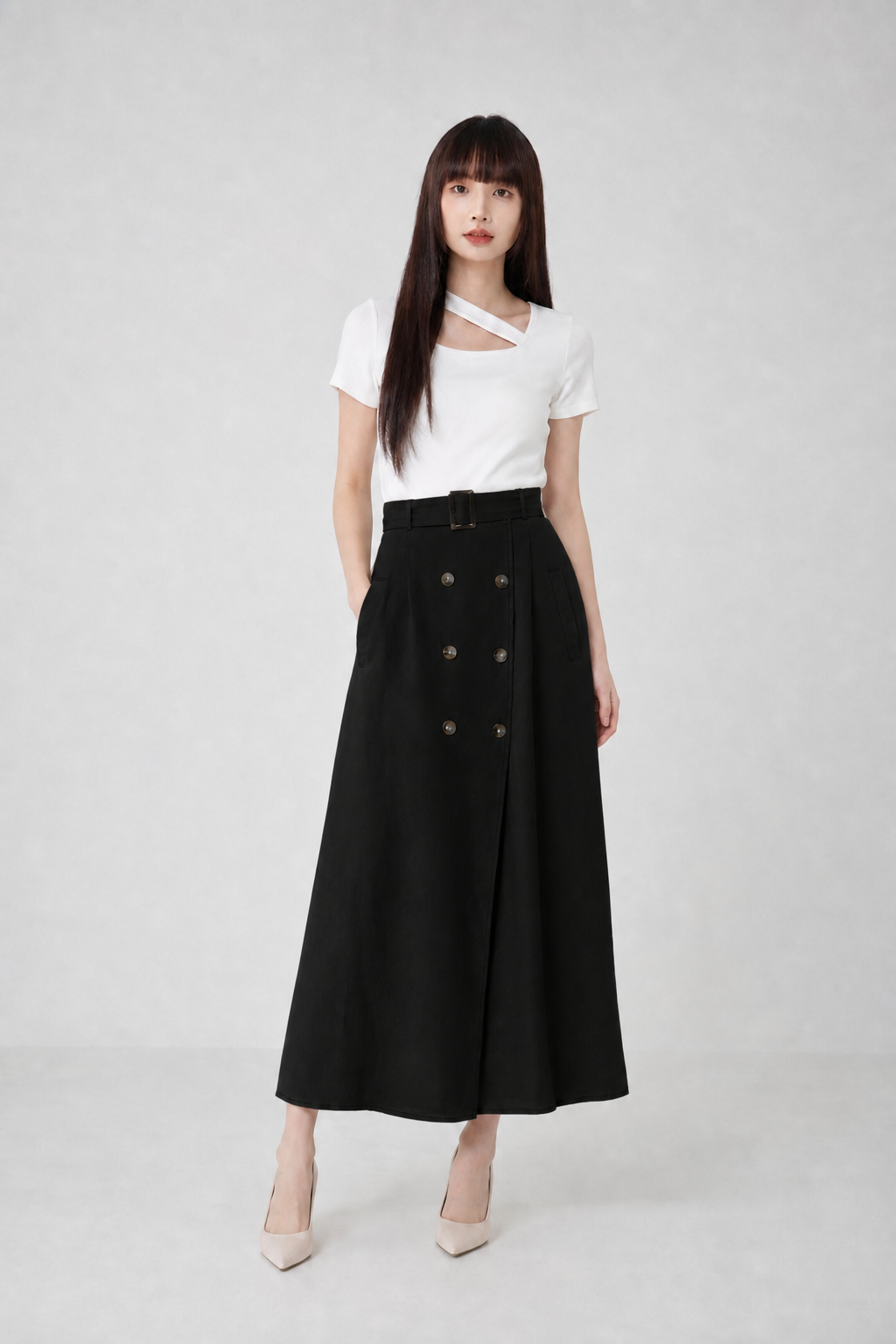 Dua Breasted Button With Belt Long Skirt 