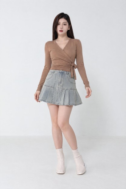 V Neck Wrap Side Tie Up Long Sleeve Top