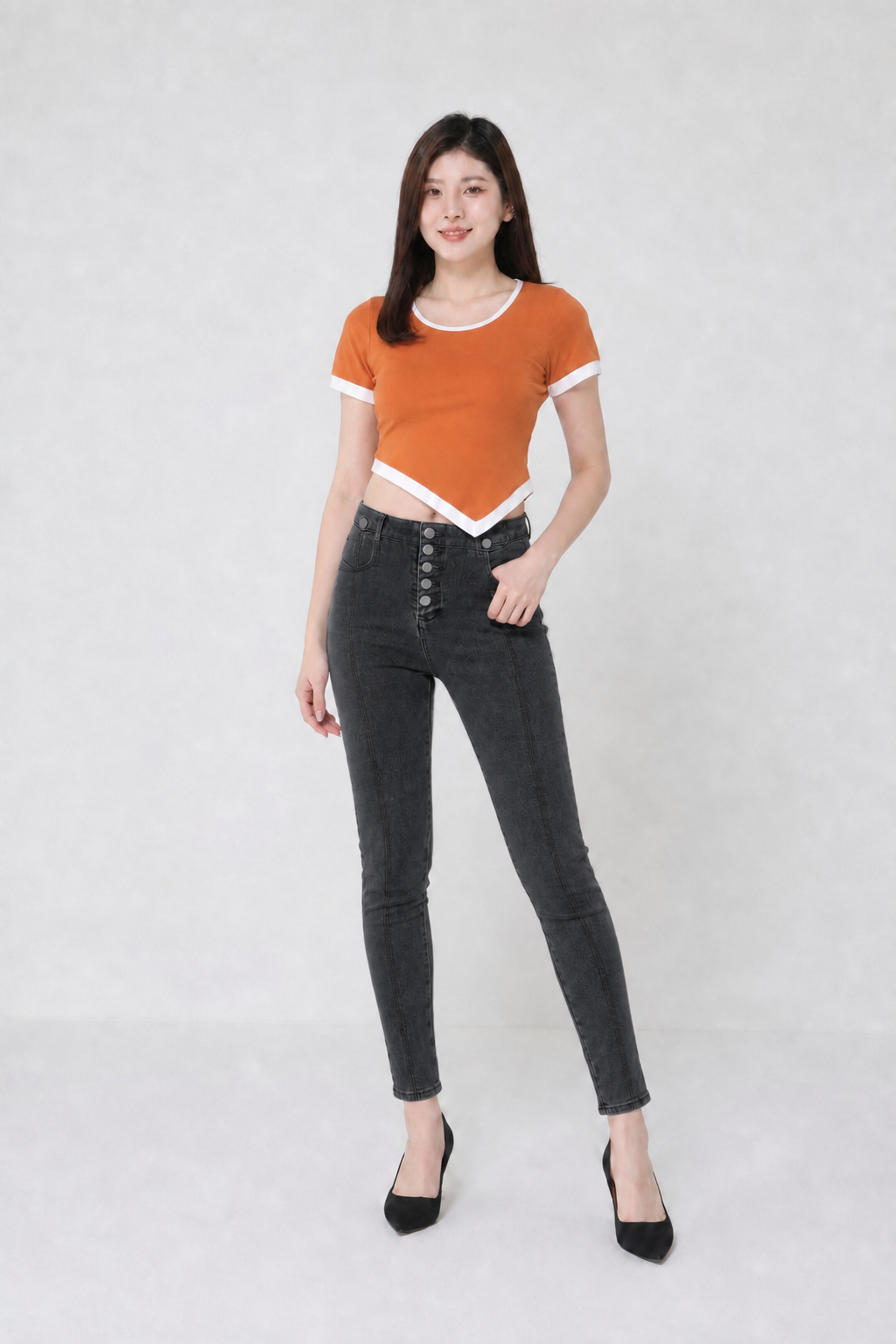 Denim Front Breated Button Long Pants