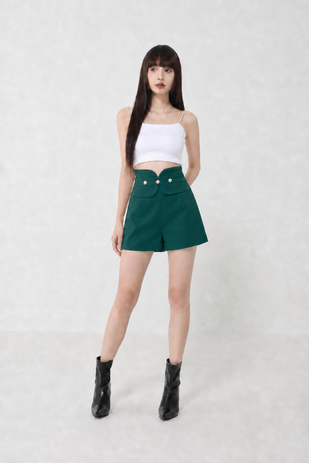 High Waist Decorative With Pearl Button Short Pants
