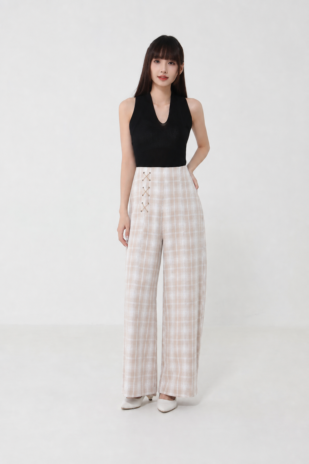Side Tie Up Plaid Long Pant 