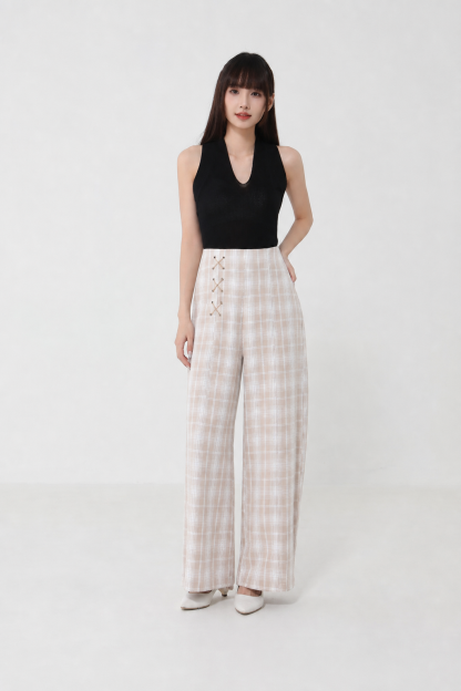 Side Tie Up Plaid Long Pant 