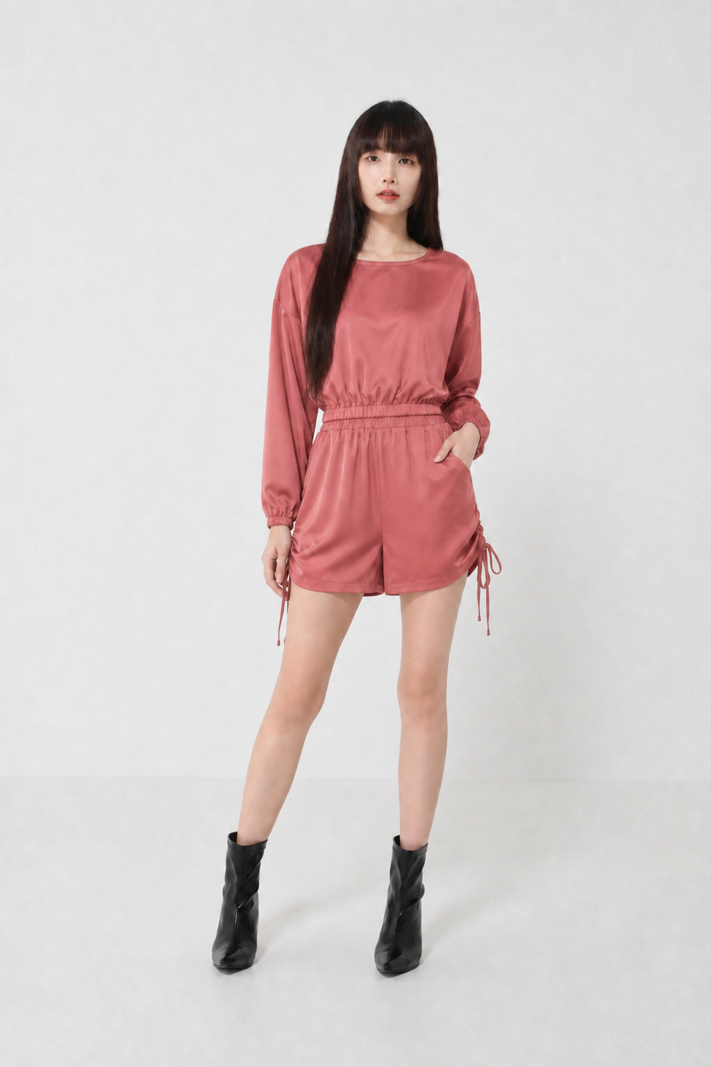 Casual Wear Long Sleeve Top With Side Drawstring Short Pants Set 