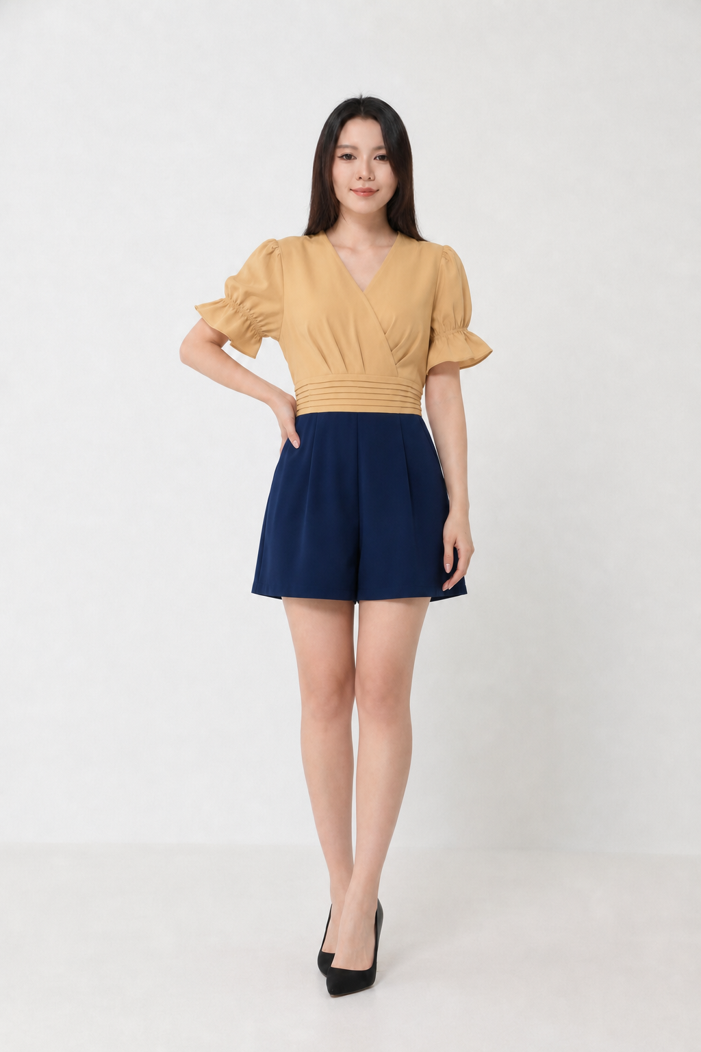 V Neck Puff Sleeve Two Tone Jumpsuit