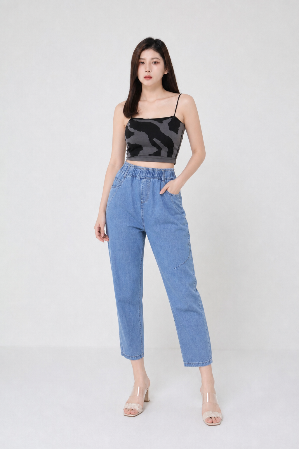 Denim Waist Stretchable Front And Back Pocket Long Pants 