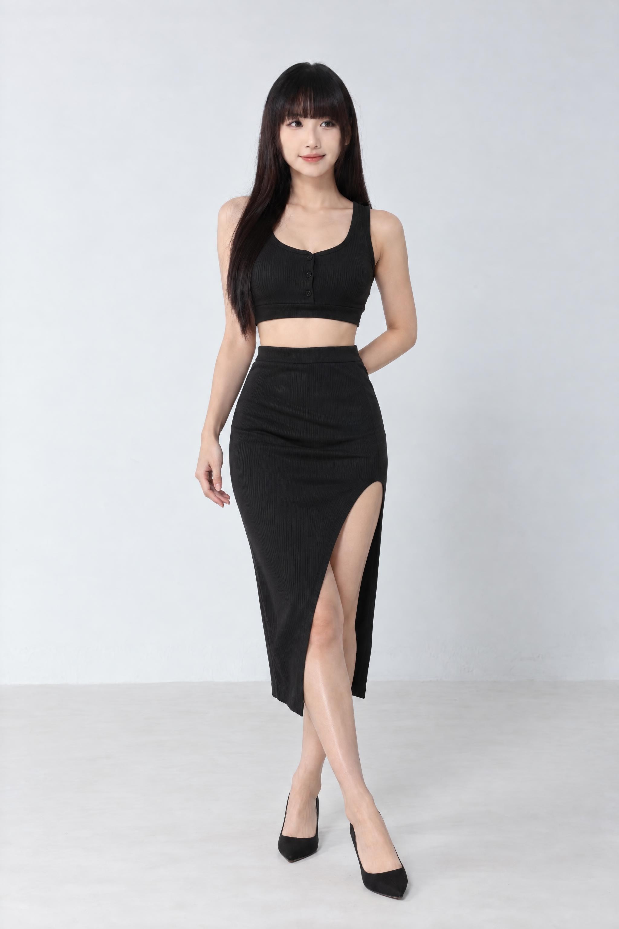 Sleeveless Front Button Crop Top With High Split Skirt Set 