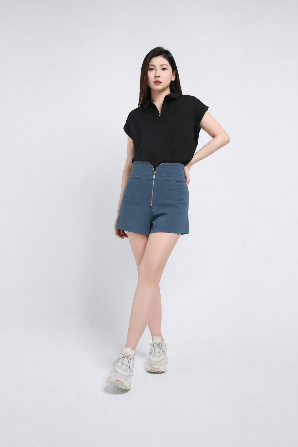 High Waist Front Zip Short Pants