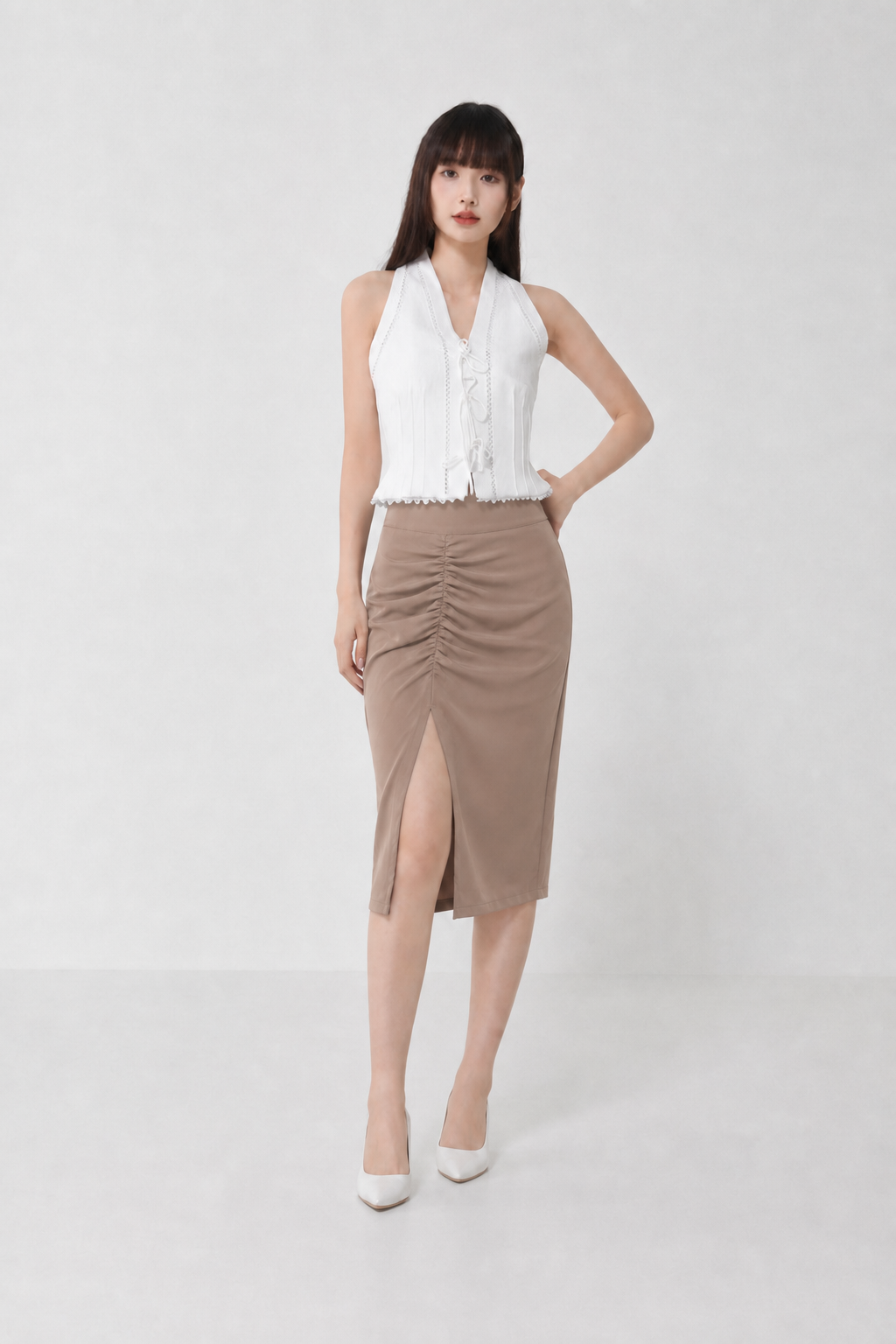 High Waist Side Pleated With Split Skirt 21565
