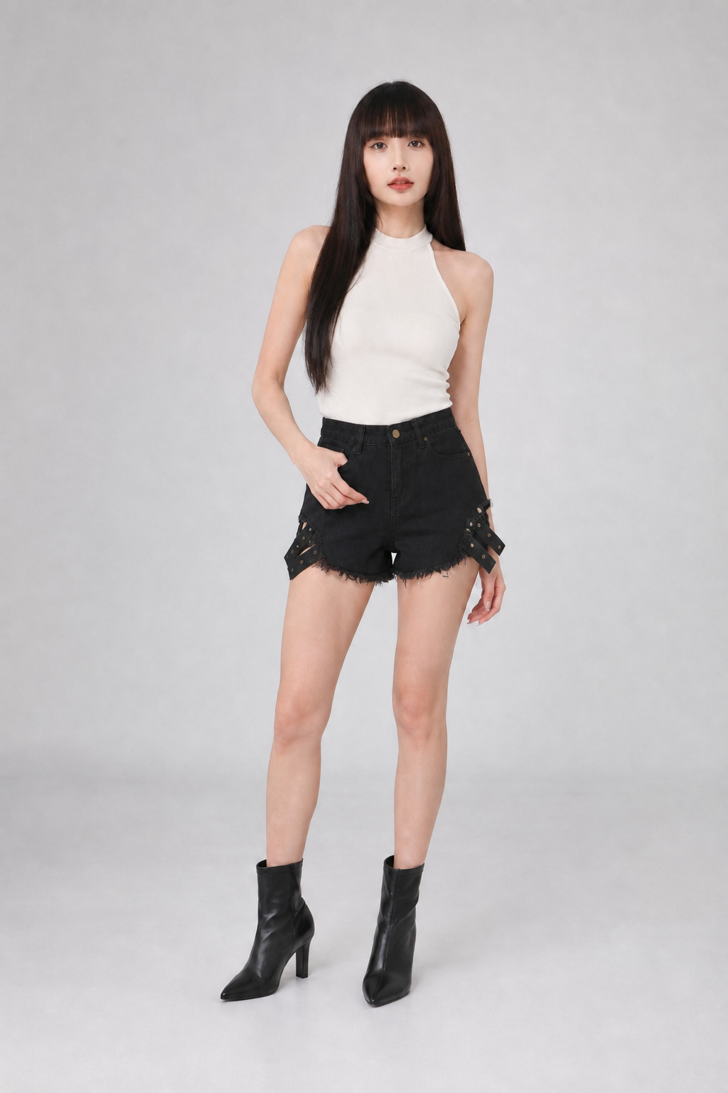 Denim Ripped Side Strap Design Short Pants