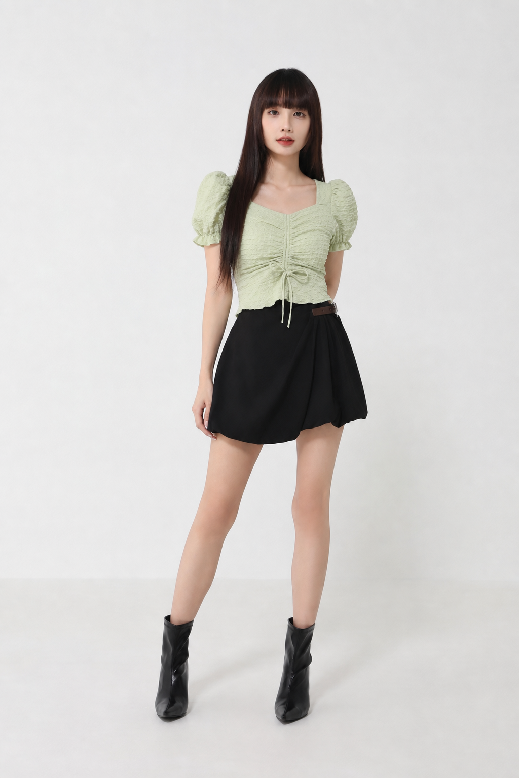 Puff Sleeve Front Drawstring Top 