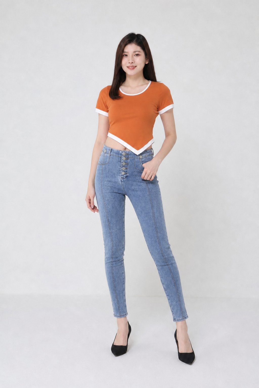 Denim Front Breated Button Long Pants 