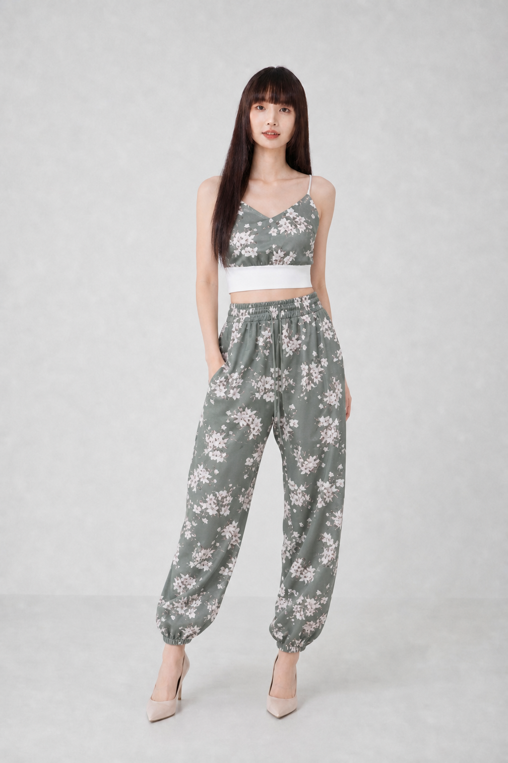 Spaghetti Strap Top With High Waist Long Pant Set 