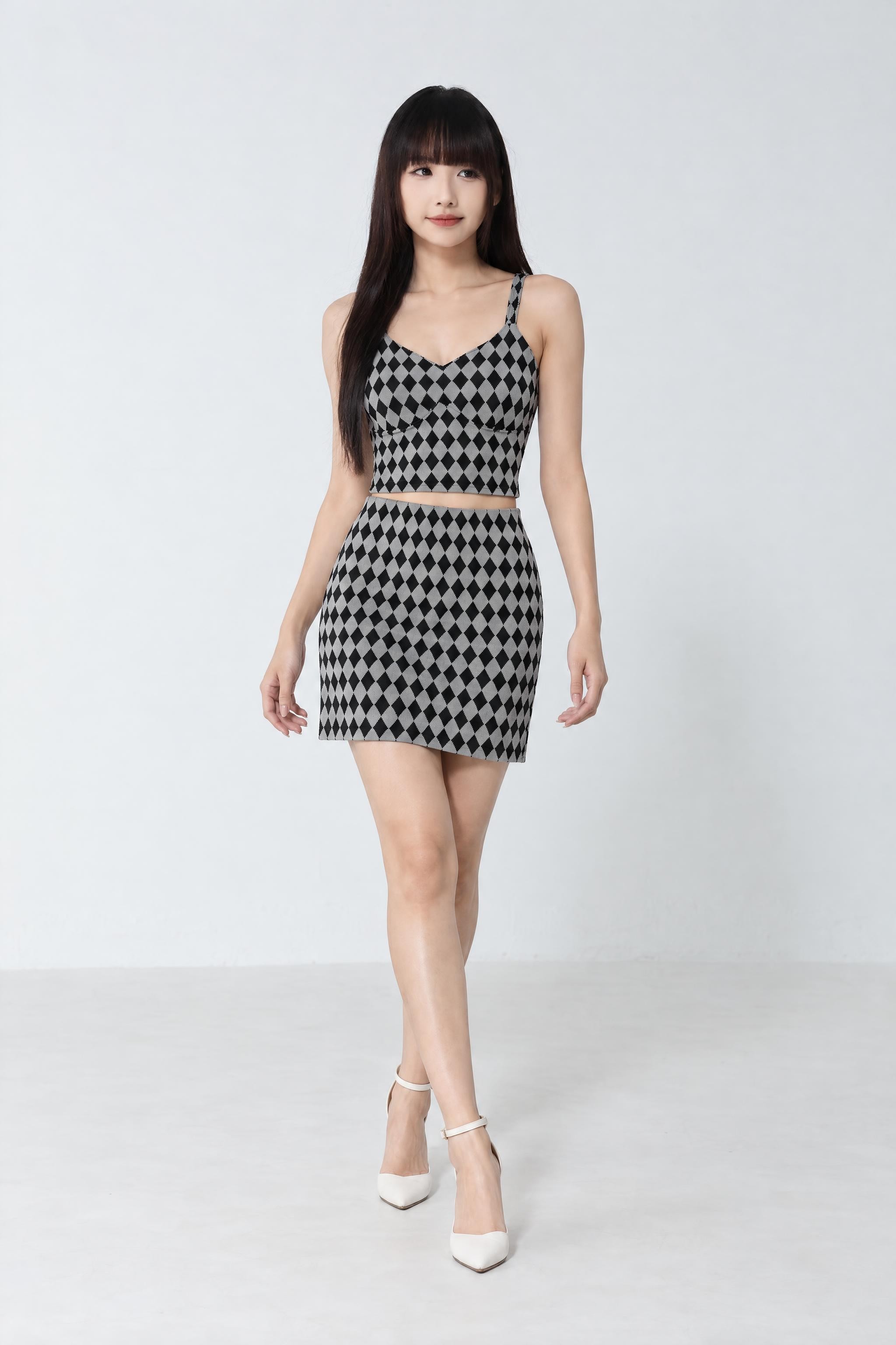 Sleeveless Checker Print Top With Skirt Set 