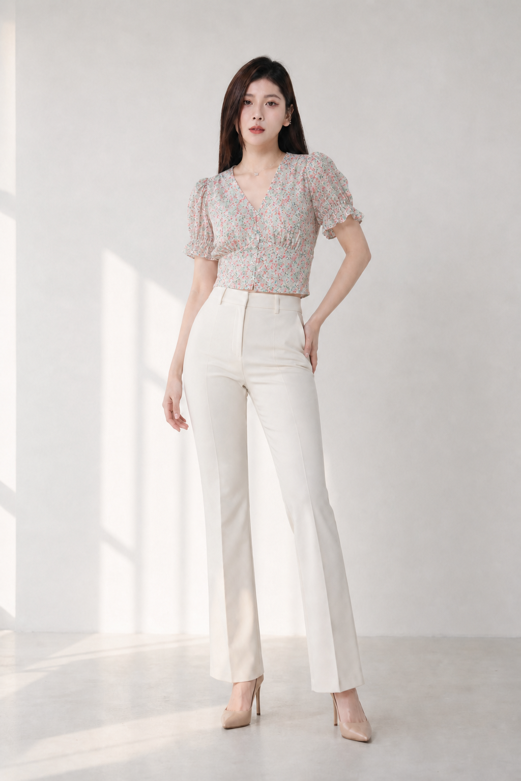 V Neck Lace Printed Flower Top
