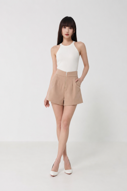 High Waist Front Zip Short Pants 