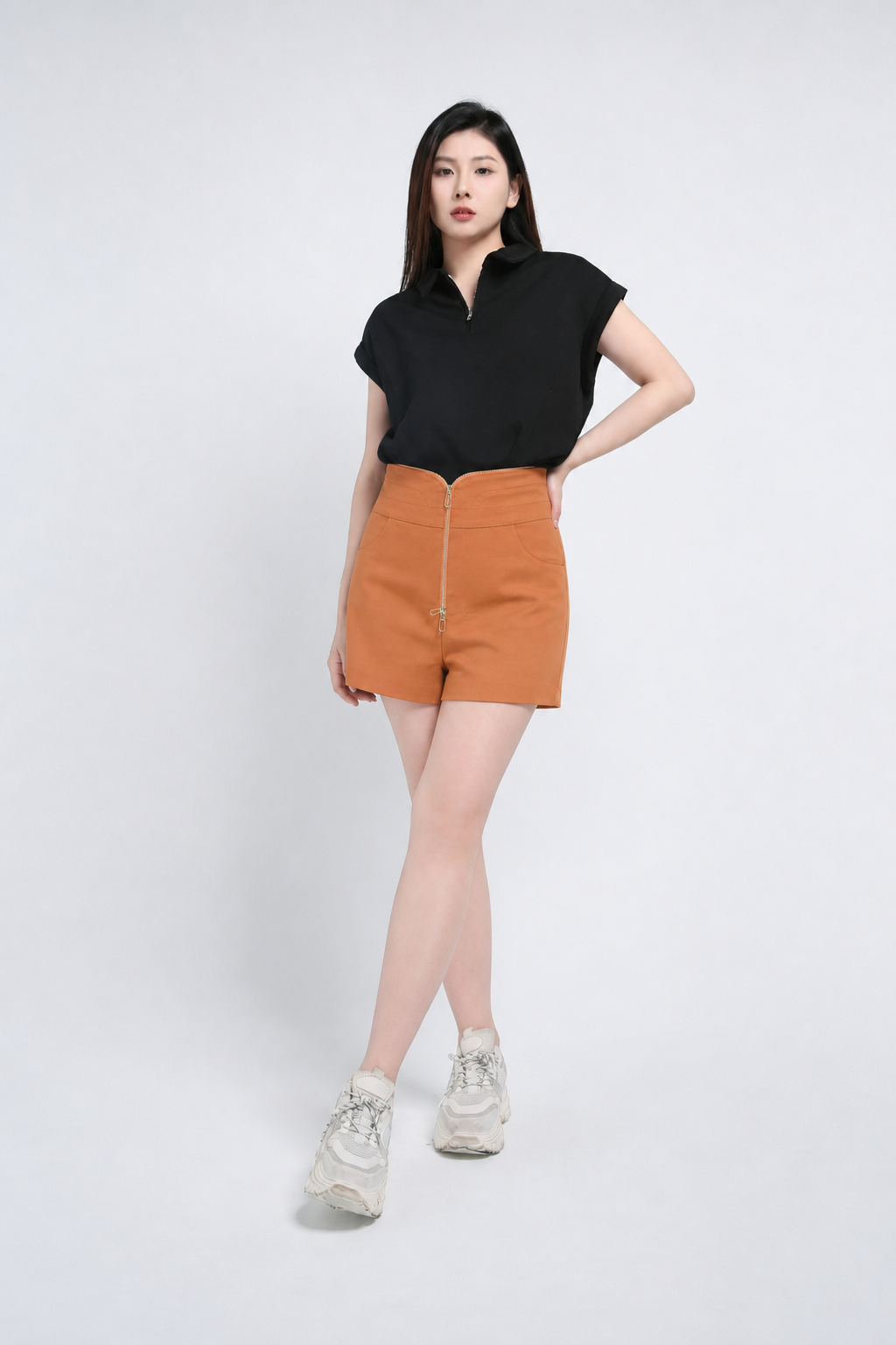 High Waist Front Zip Short Pants 