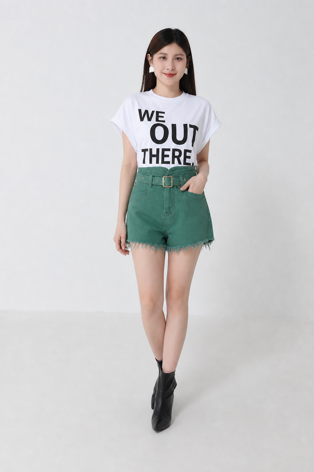 Denim High Waist Ripped Short Pants With Belt