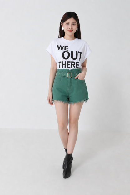 Denim High Waist Ripped Short Pants With Belt