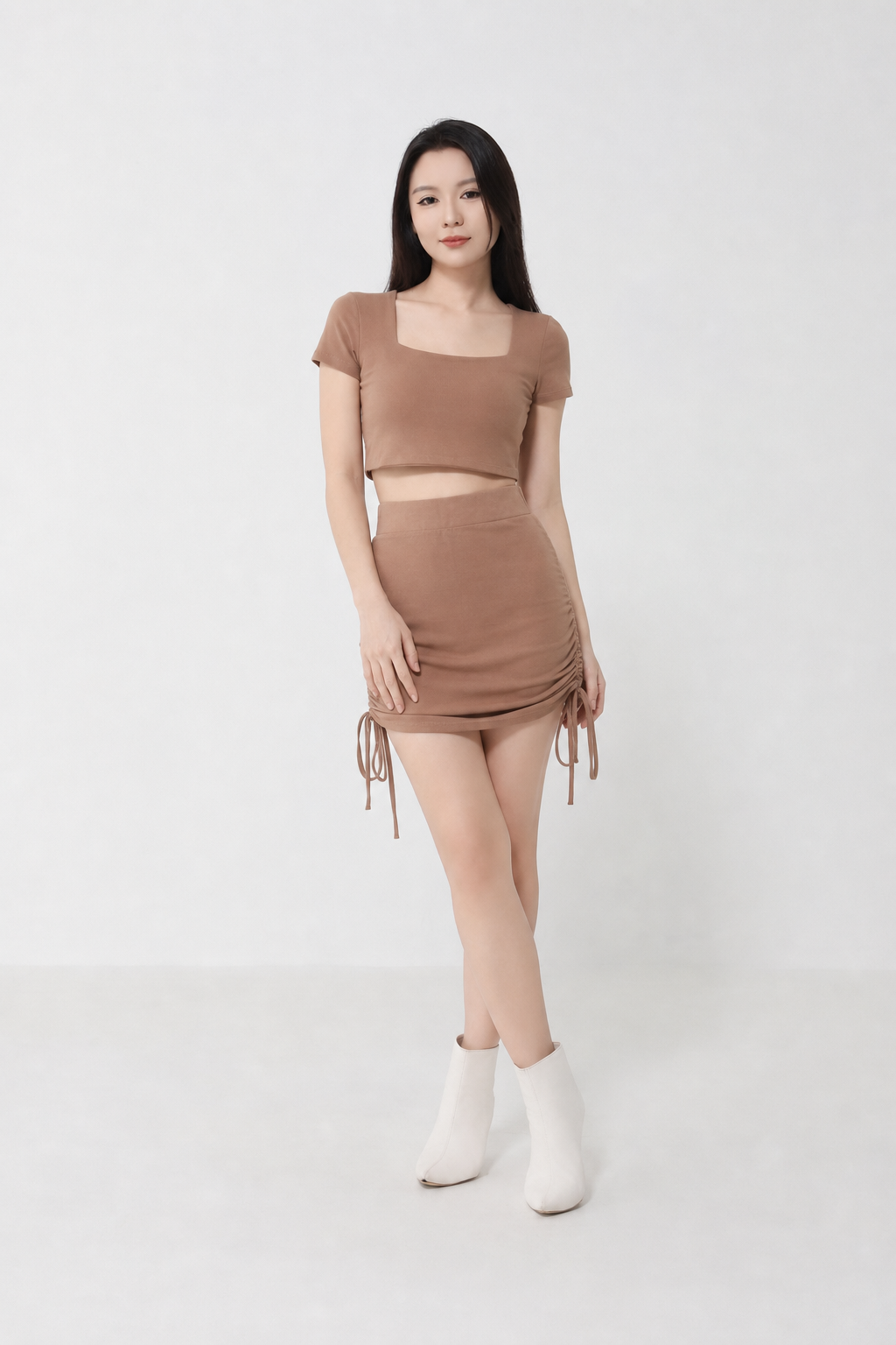 Square Neckline Short Sleeve Top And Drawstring Skirt 