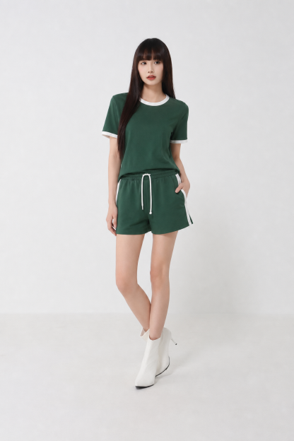 Casual Wear Plain Top With Waist Strechable Short Pant Set 