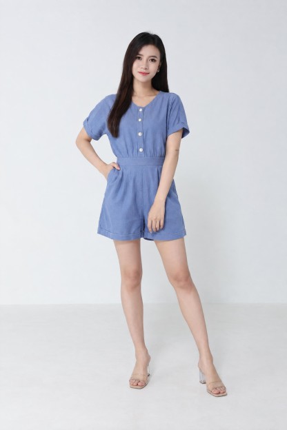 Denim Front Four Button Short Sleeve Jumpsuit 