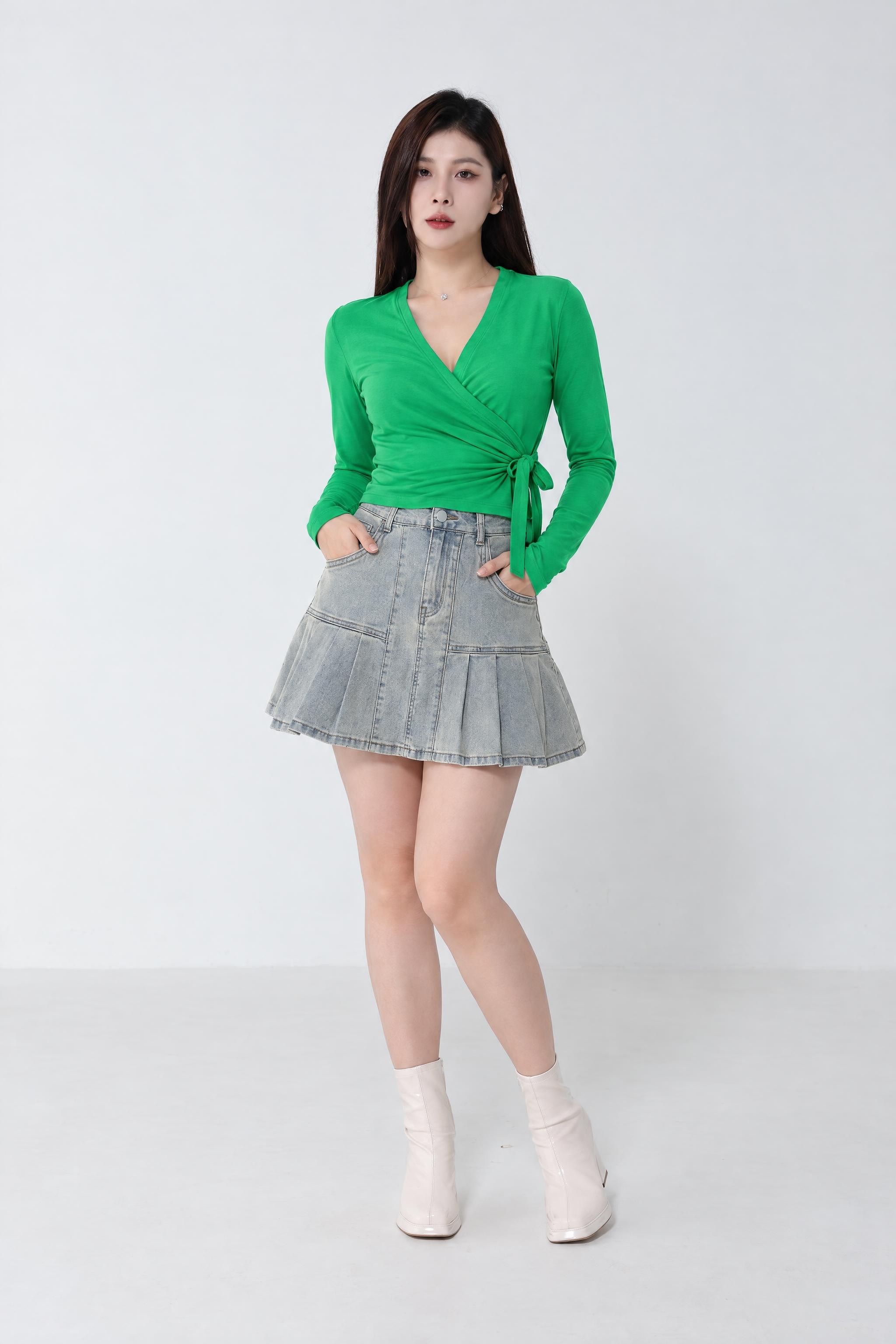 V Neck Wrap Side Tie Up Long Sleeve Top