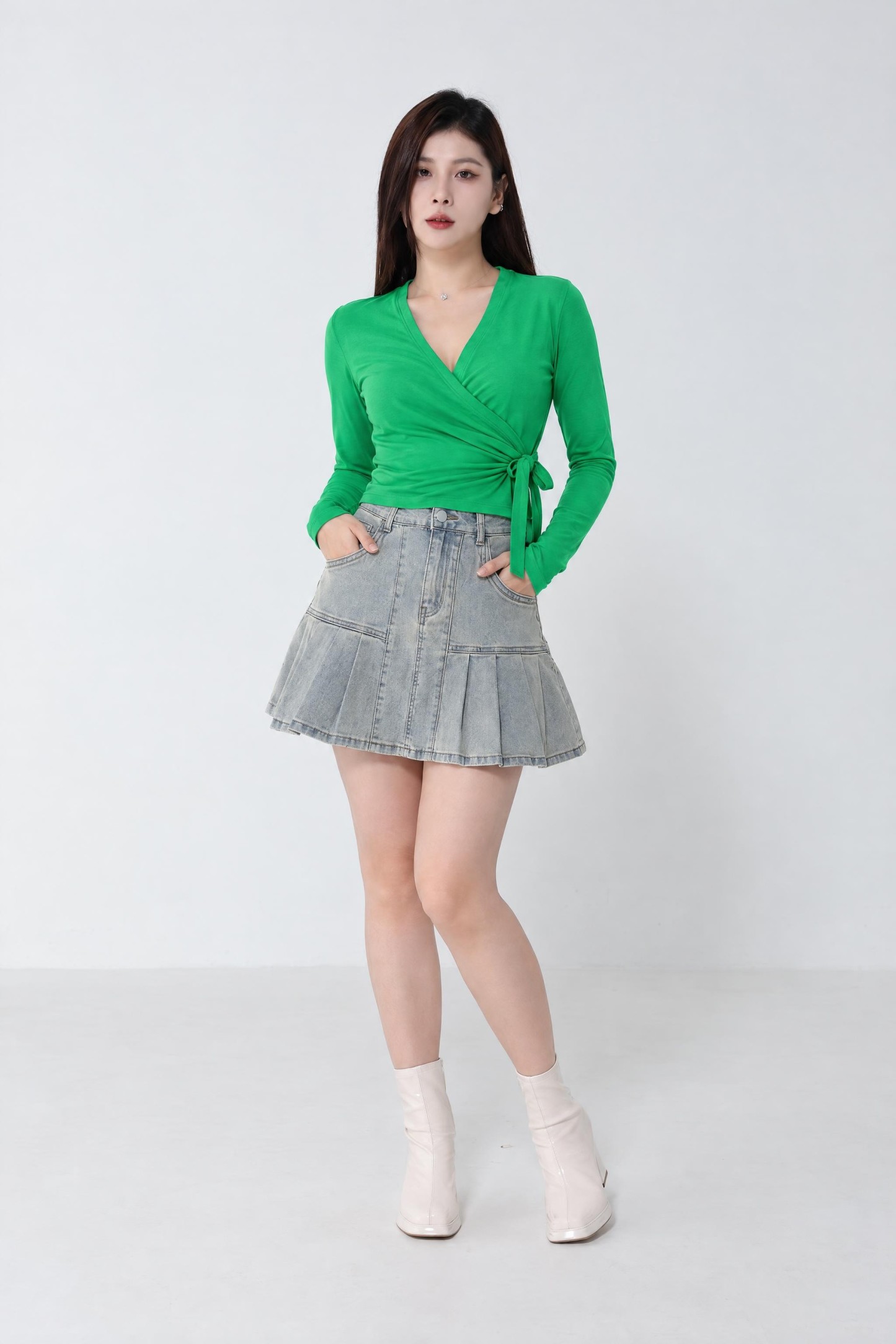 V Neck Wrap Side Tie Up Long Sleeve Top