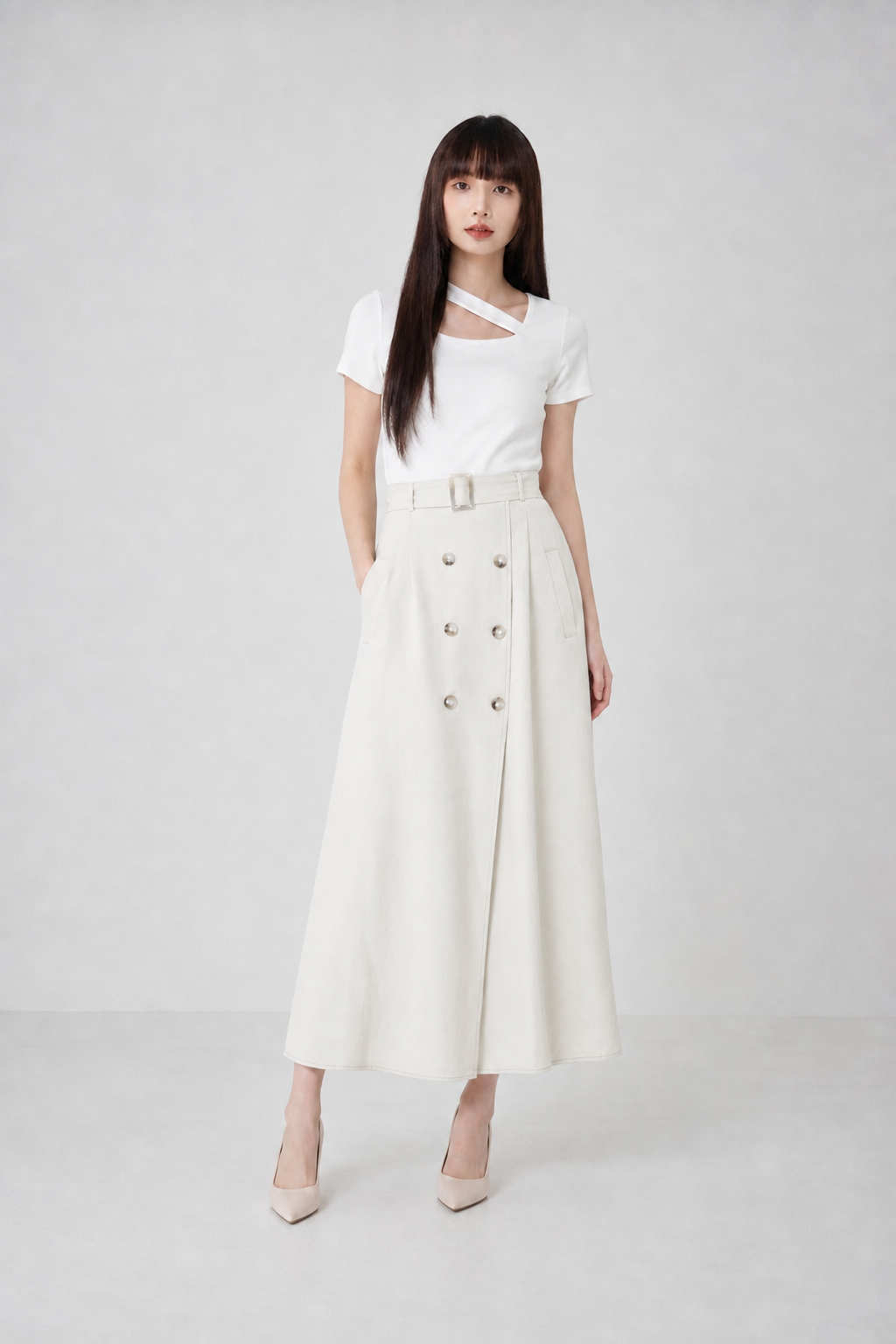 Dua Breasted Button With Belt Long Skirt 