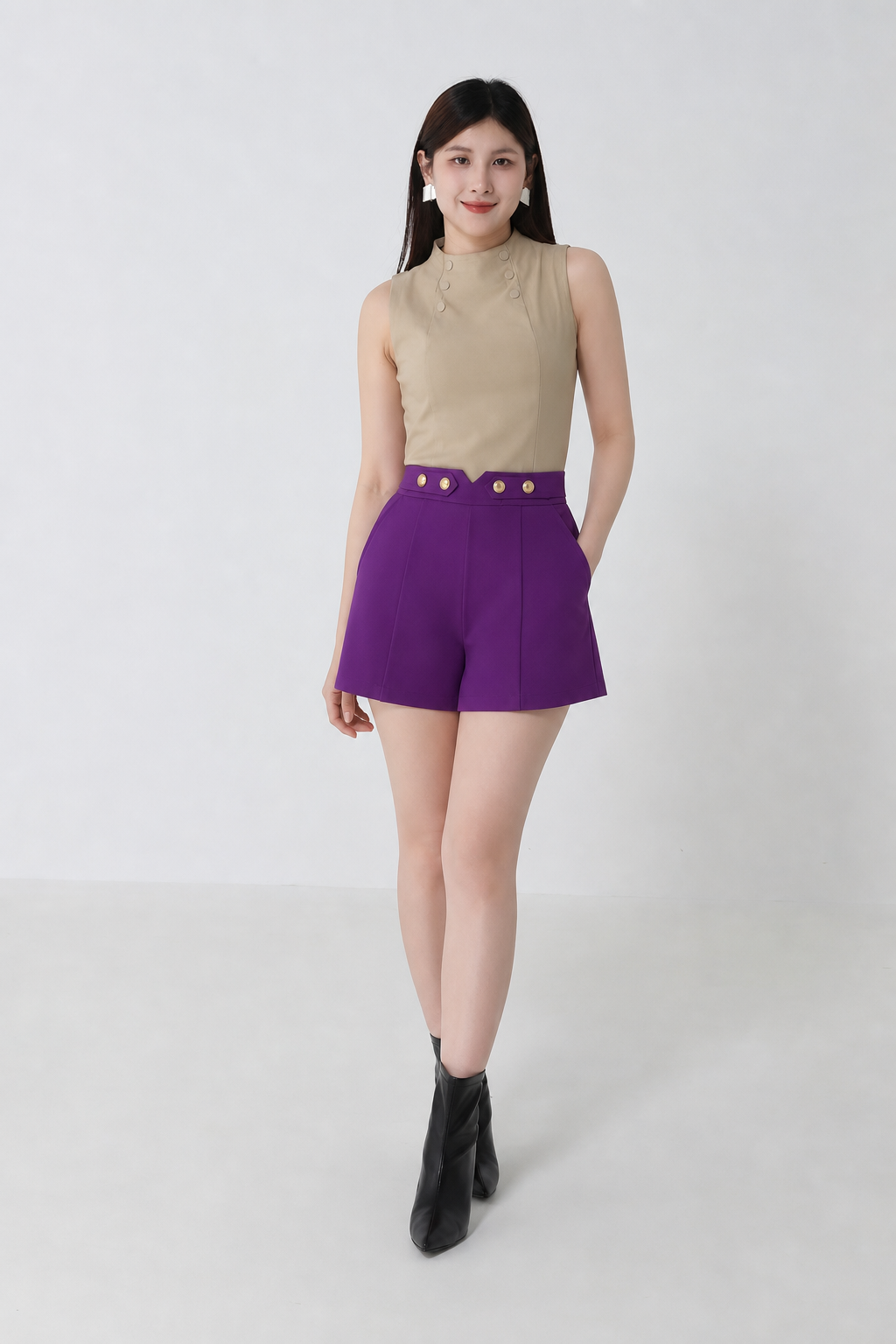 High Waist Decorative Button Short Pants