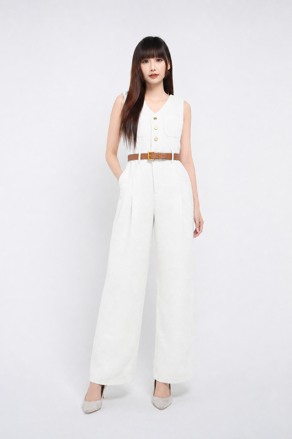 Sleeveless Front Button Jumpsuit With Belt 39664
