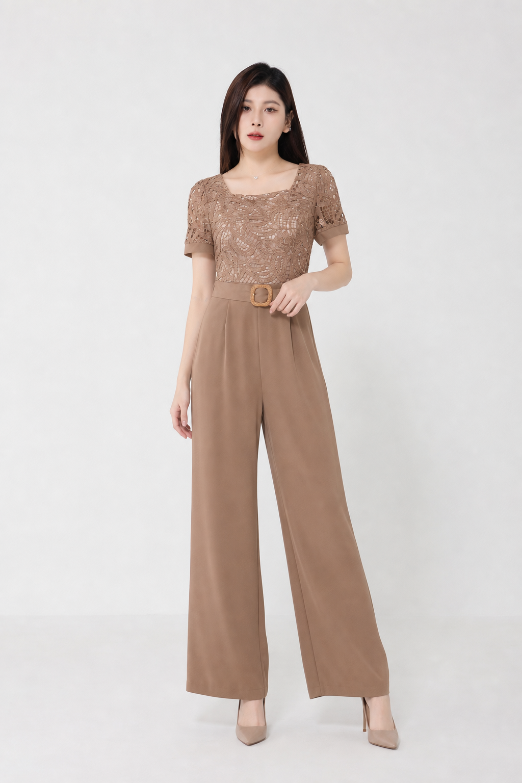 Square Neck Lace Long Jumpsuit With Belt 15322