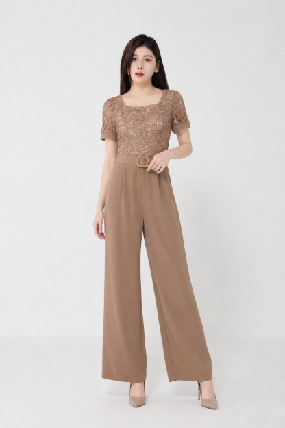 Square Neck Lace Long Jumpsuit With Belt 15322