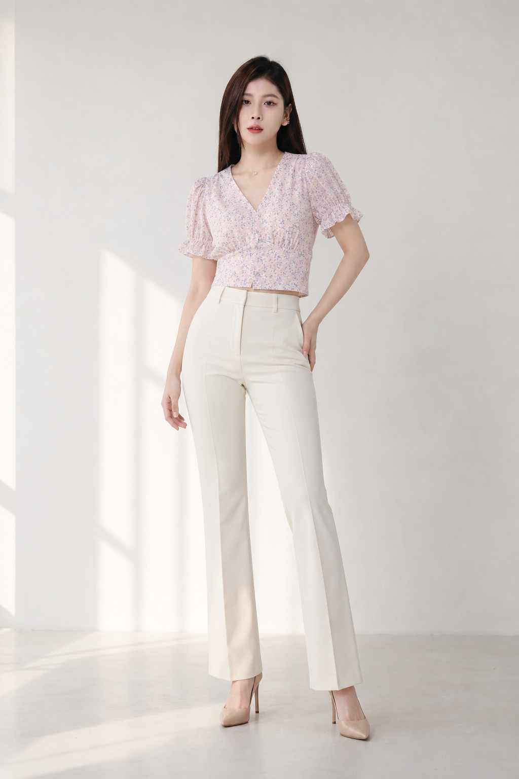 V Neck Lace Printed Flower Top 15562